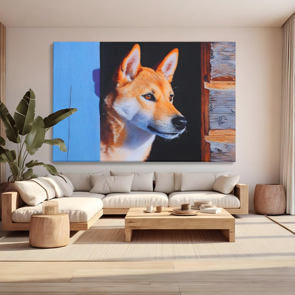 Tablou canvas cu tablou canvas cu portret de caine shiba, fara rama, pe sasiu de lemn, pe perete intr-un living